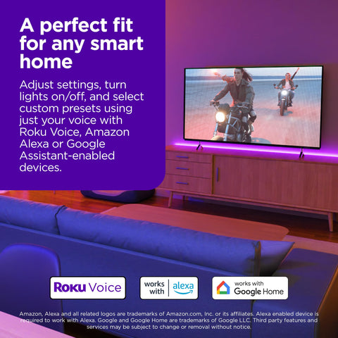 Roku Smart LED Light Strip+ voice control for hands-free power and brightness.