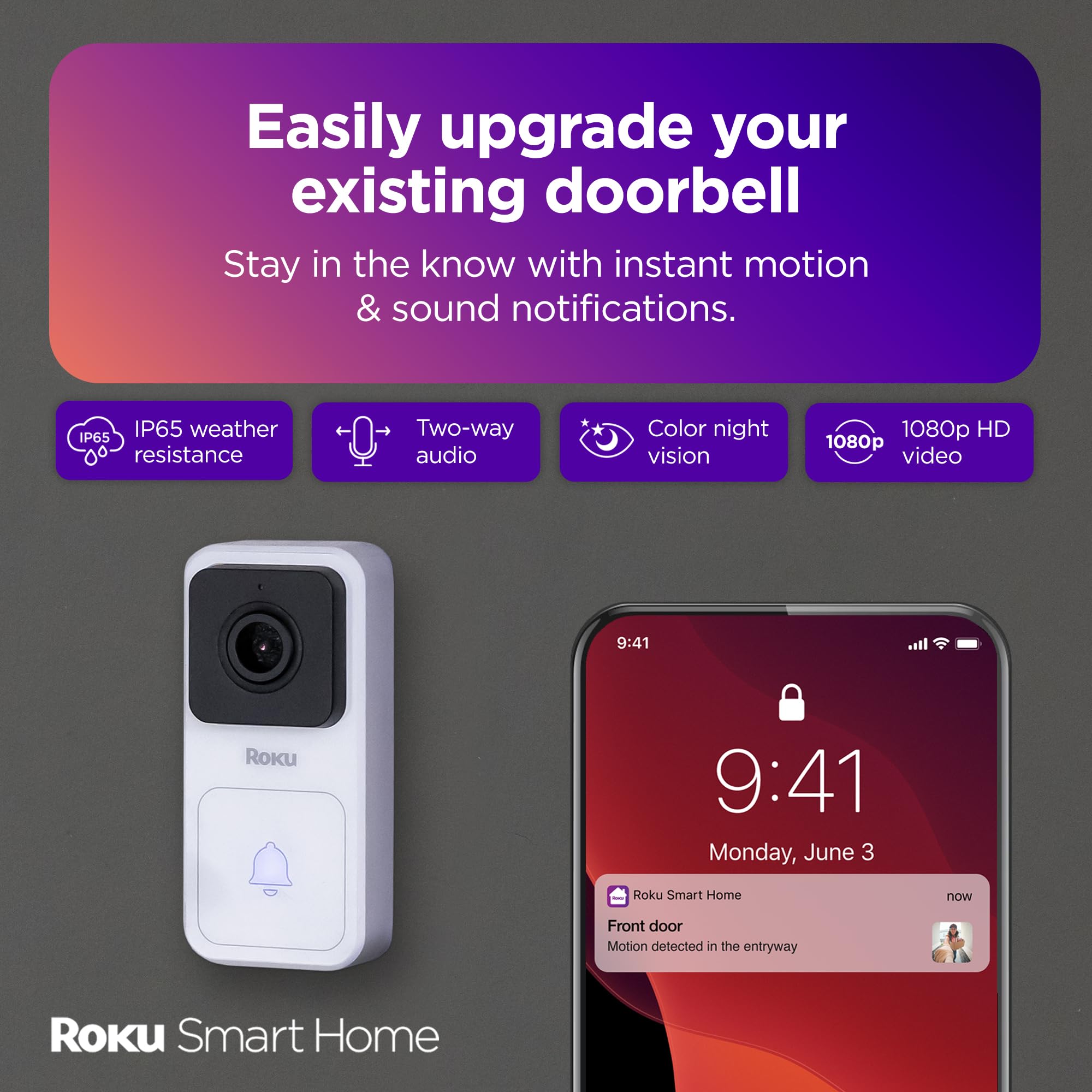 Roku Video Doorbell Ultrawide View captures broad entryways for better monitoring.