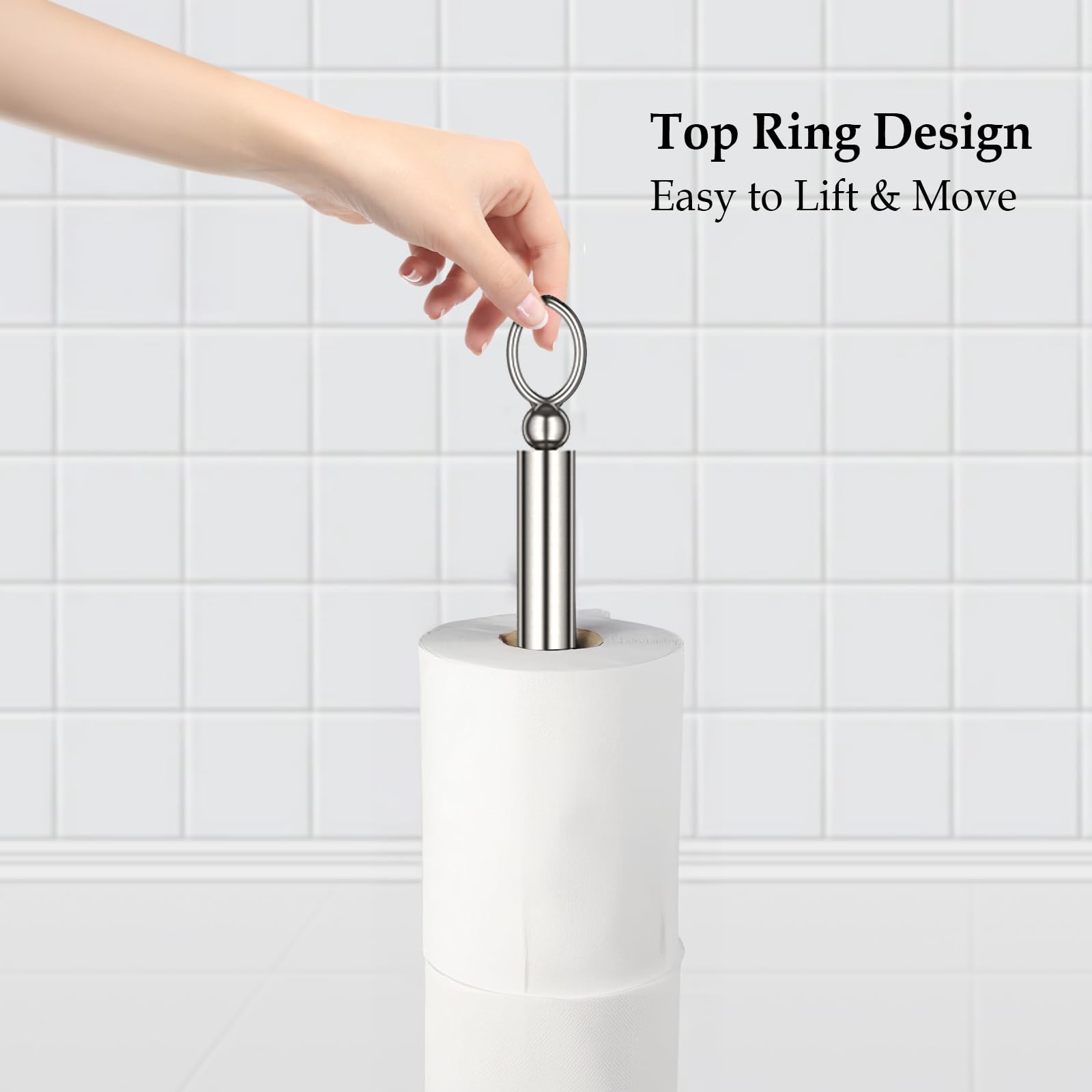 ROLABAM brushed nickel free-standing toilet paper storage base provides stable placement.