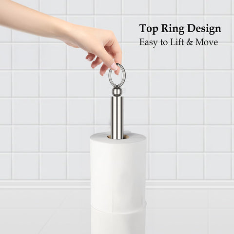 ROLABAM brushed nickel free-standing toilet paper storage base provides stable placement.