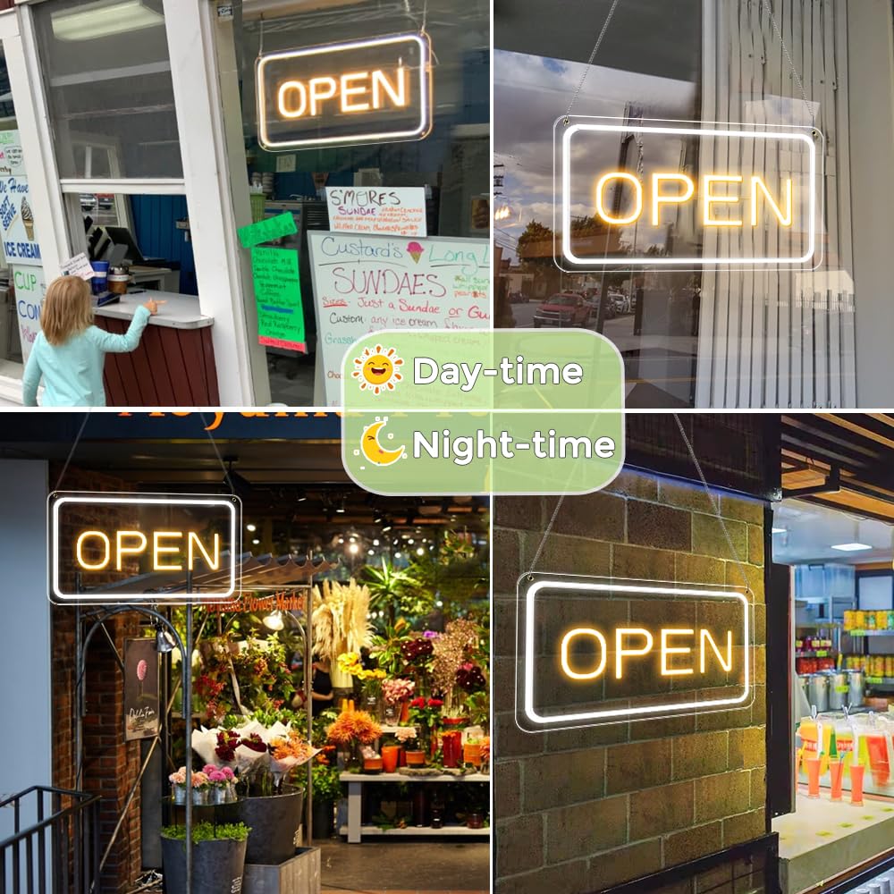 ROLANCHE Open sign LED close-up silicone tube highlights durable, color-stable letters.