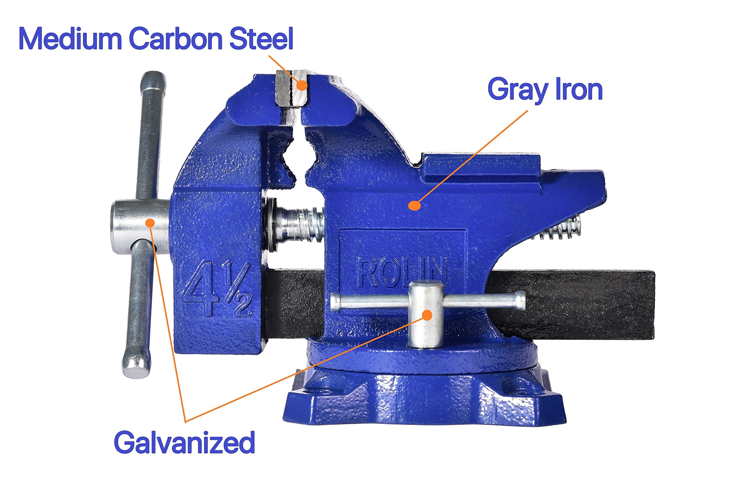 ROLIN bench vise 240-degree rotation base enables quick angle changes.