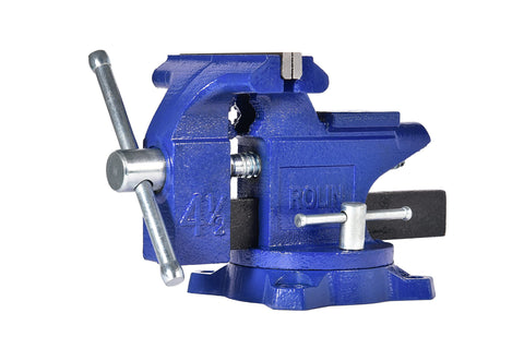 ROLIN bench vise 4-1/2 inch jaws with swivel base for flexible positioning.