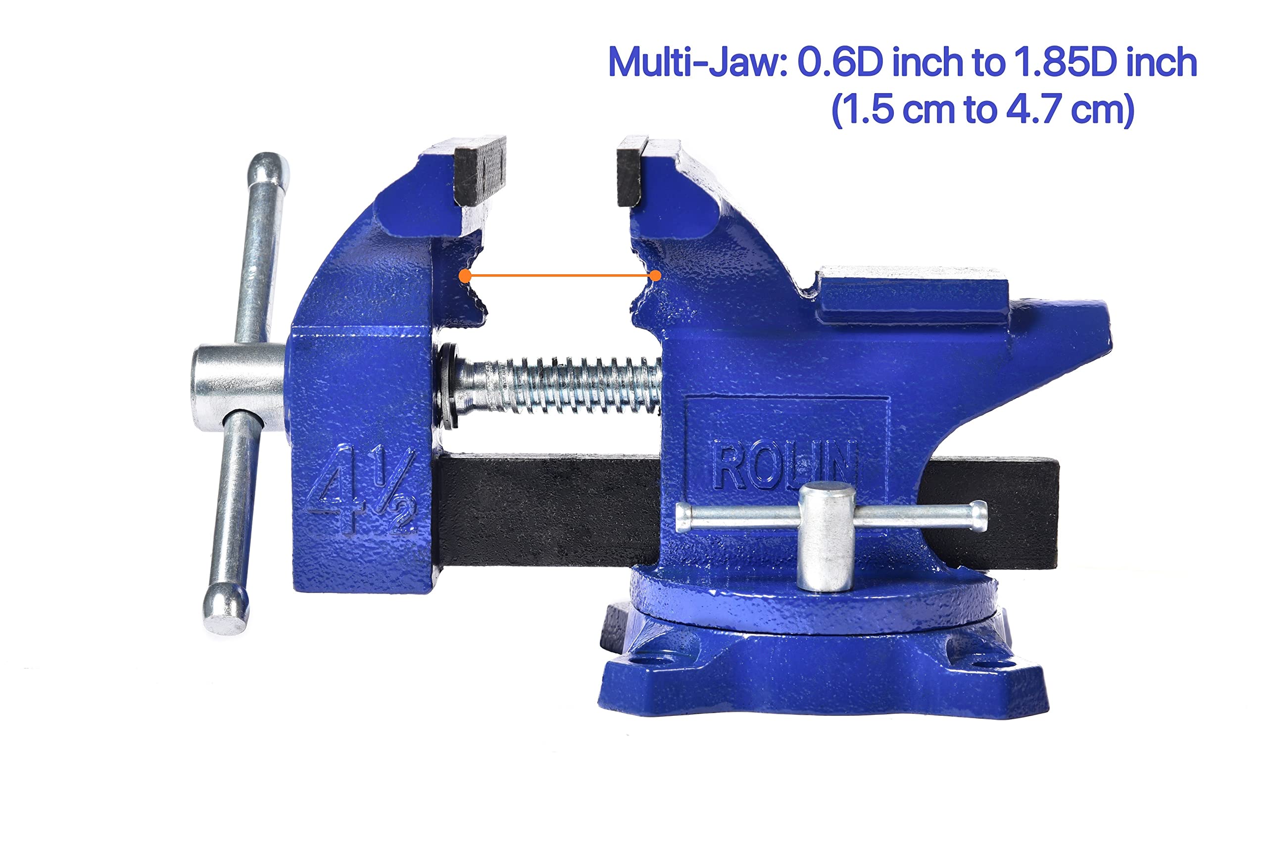 ROLIN bench vise gray iron construction provides robust clamping force.