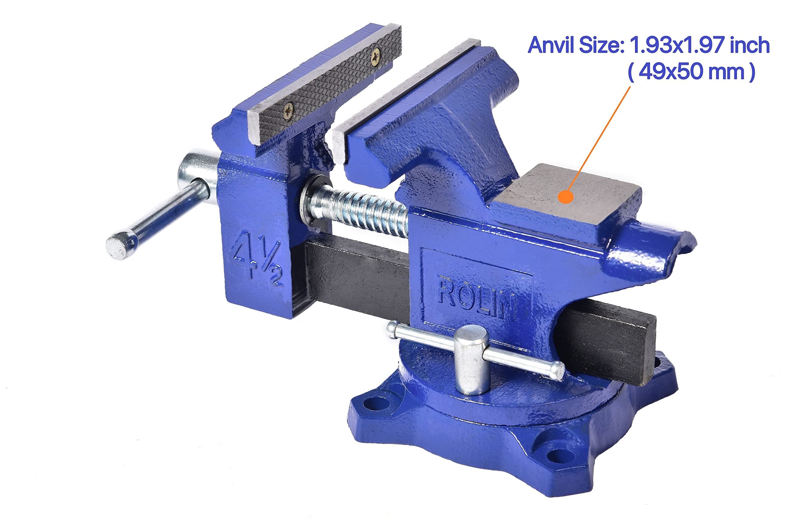 ROLIN bench vise shows large anvil area for versatile tasks.