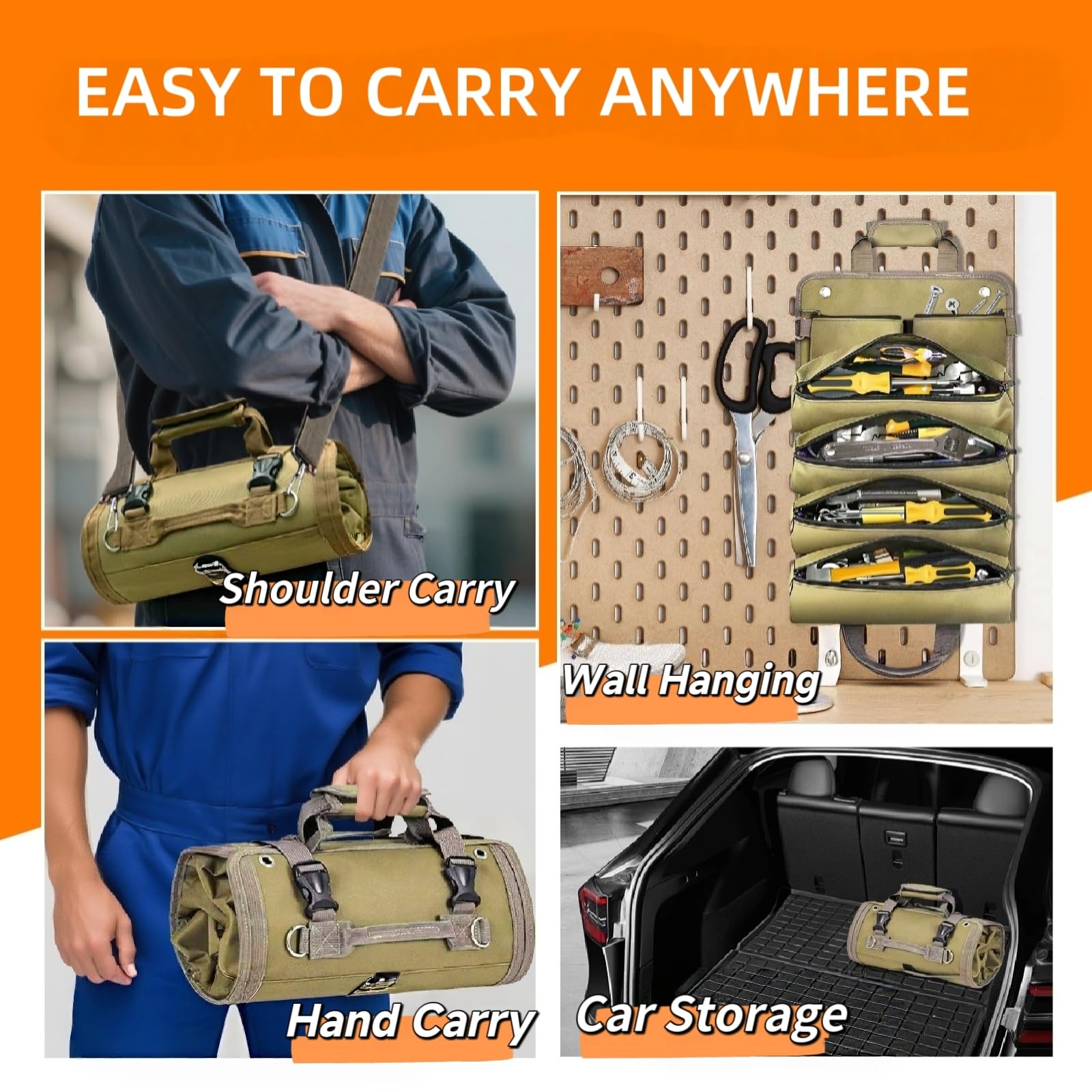 Roll Up Tool Bag opened flat on a bench for easy tool selection.