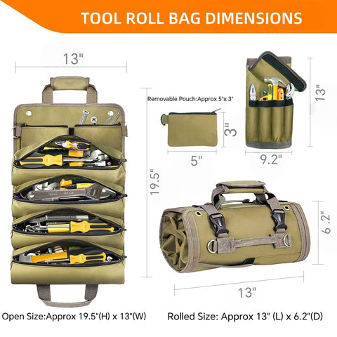 Roll Up Tool Bag opened to reveal organized pockets for wrenches.