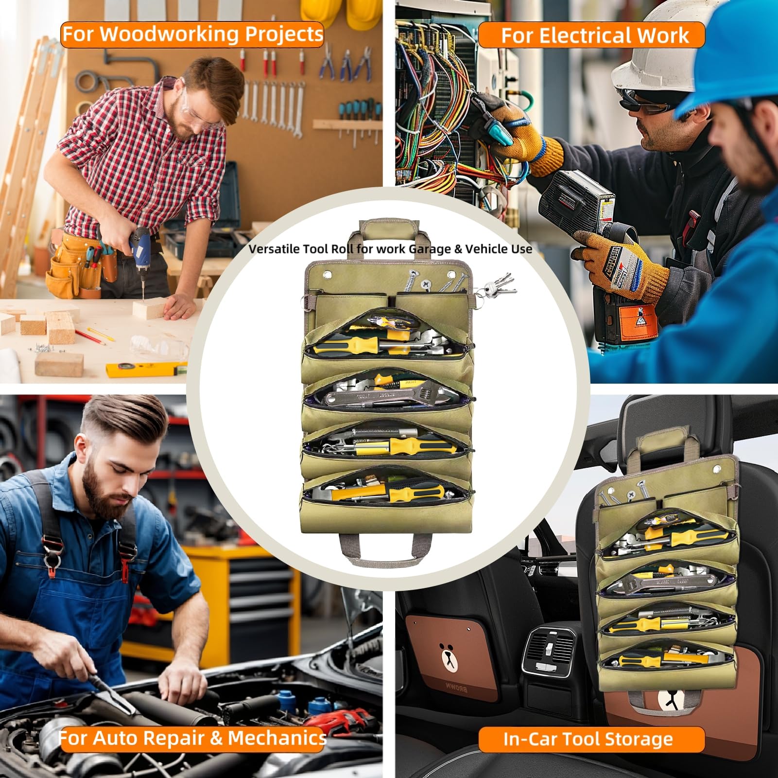 Roll Up Tool Bag with multiple pockets for quick access to screwdrivers and pliers.