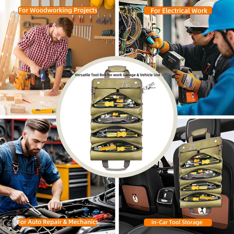 Roll Up Tool Bag with multiple pockets for quick access to screwdrivers and pliers.