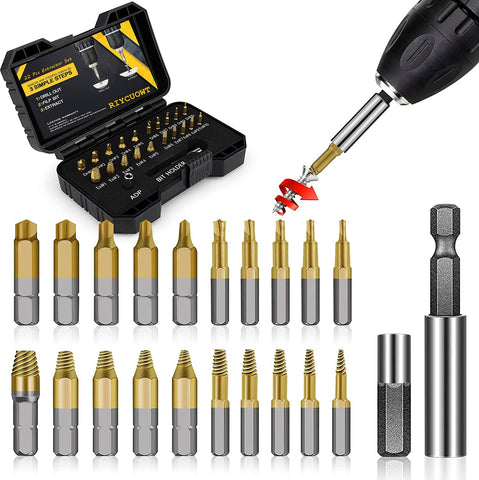 Roll With Us Depot 22pcs titanium screw extractor set for universal drill compatibility.