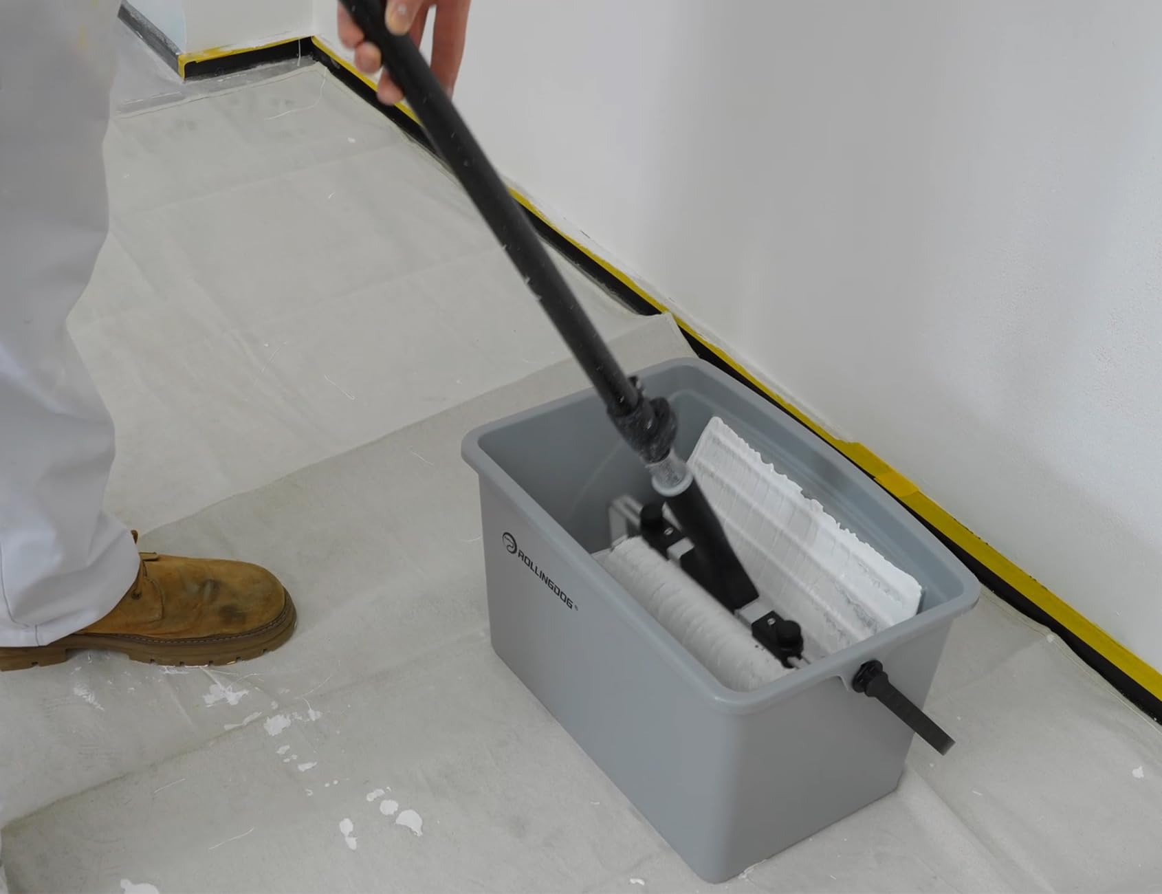 Rollingdog 12-inch paint bucket supports professional wall painting projects.