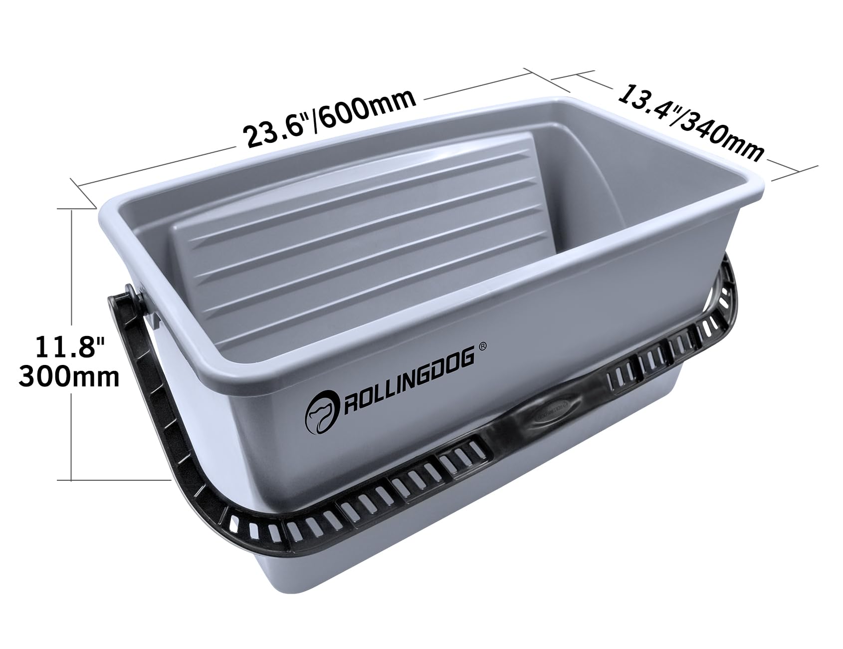 ROLLINGDOG 18-inch bucket side view shows rugged, crack-resistant plastic.