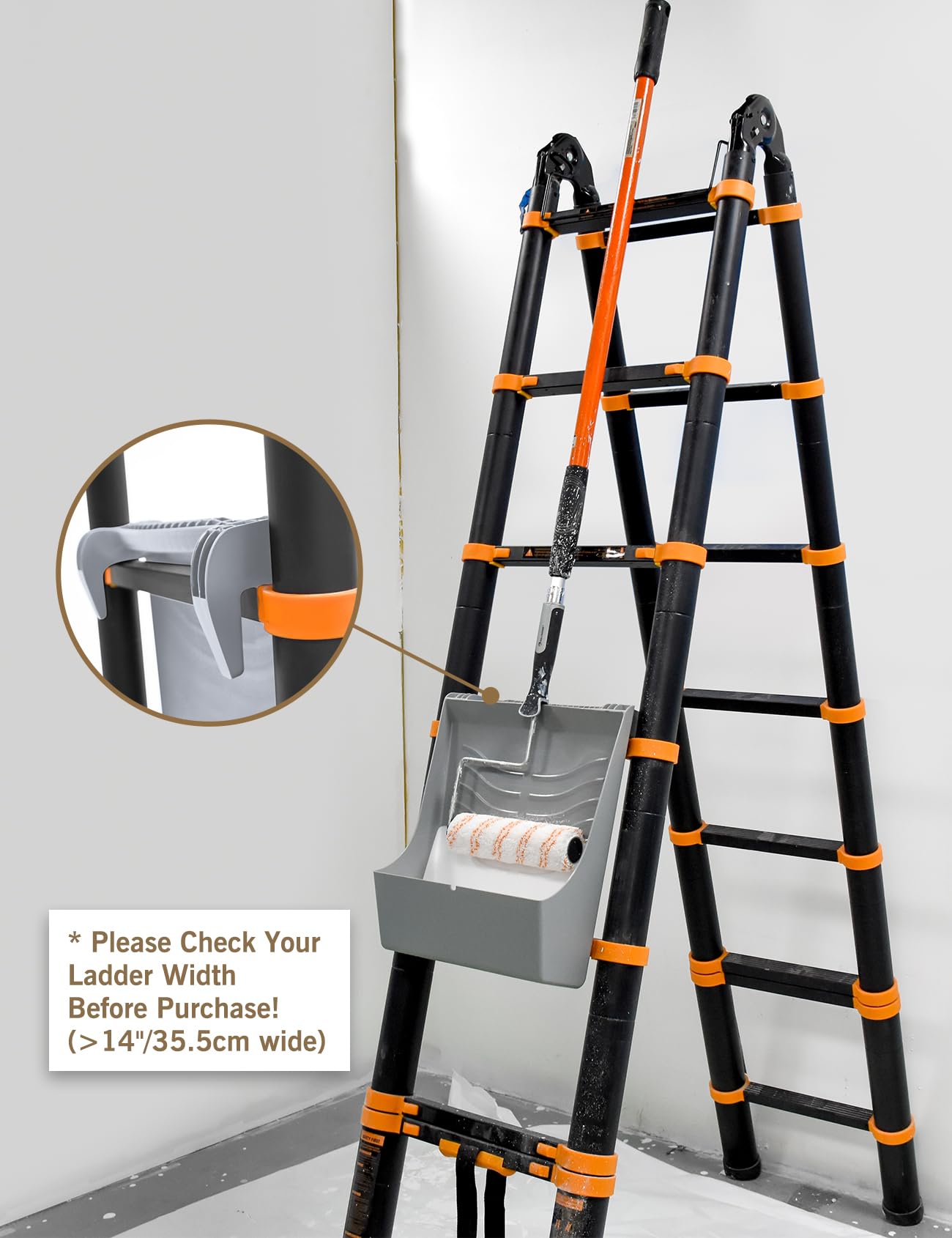ROLLINGDOG tray hanging on a ladder for easy access.