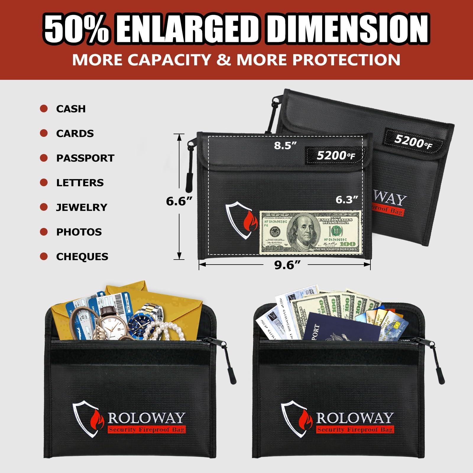 ROLOWAY Fireproof Bag safely stores cash and documents in a compact pouch