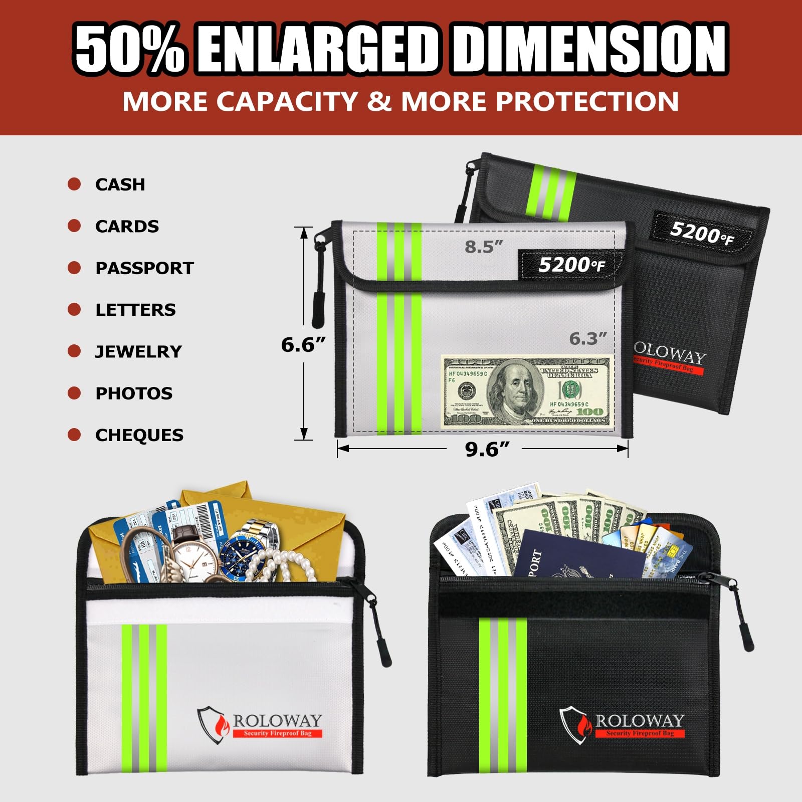 ROLOWAY Fireproof Bag reflective strip increases visibility during emergencies.