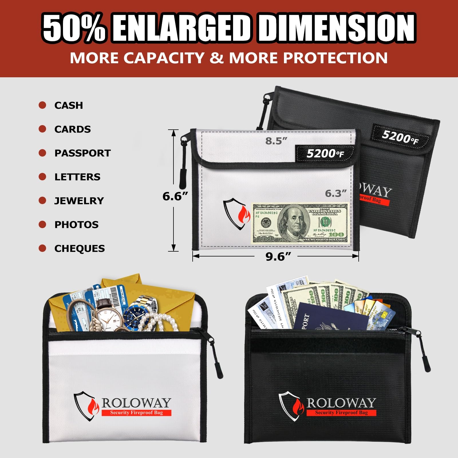 ROLOWAY fireproof bag layer cross-section illustrating 10-layer protection