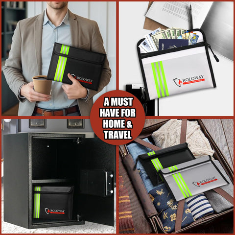 ROLOWAY Fireproof Bag with zipper secures valuables during emergencies.