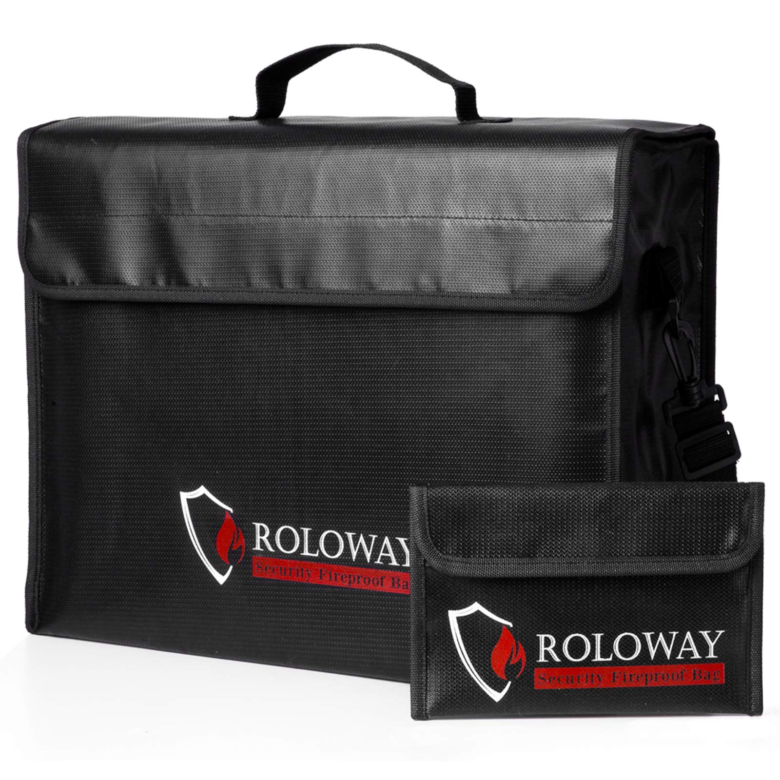 ROLOWAY large fireproof bag open, showing spacious 17x12x5.8 inch interior for documents.