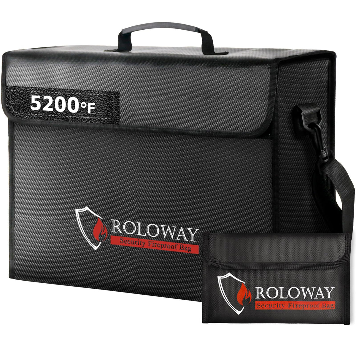 ROLOWAY large fireproof bag showing 5200°F insulation for document protection