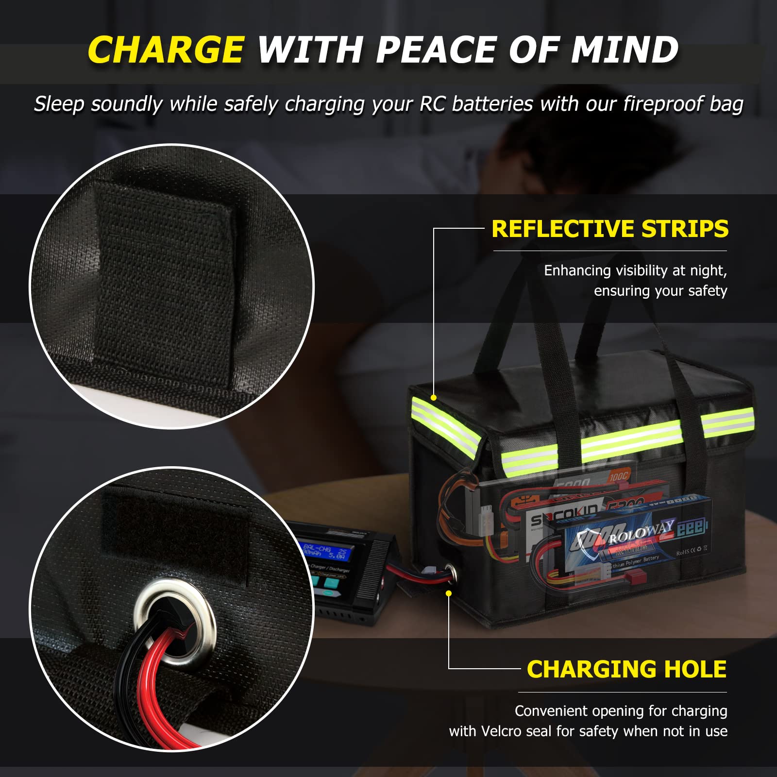 Roloway Lipo Battery Bag night-reflective strip enhances visibility in low light