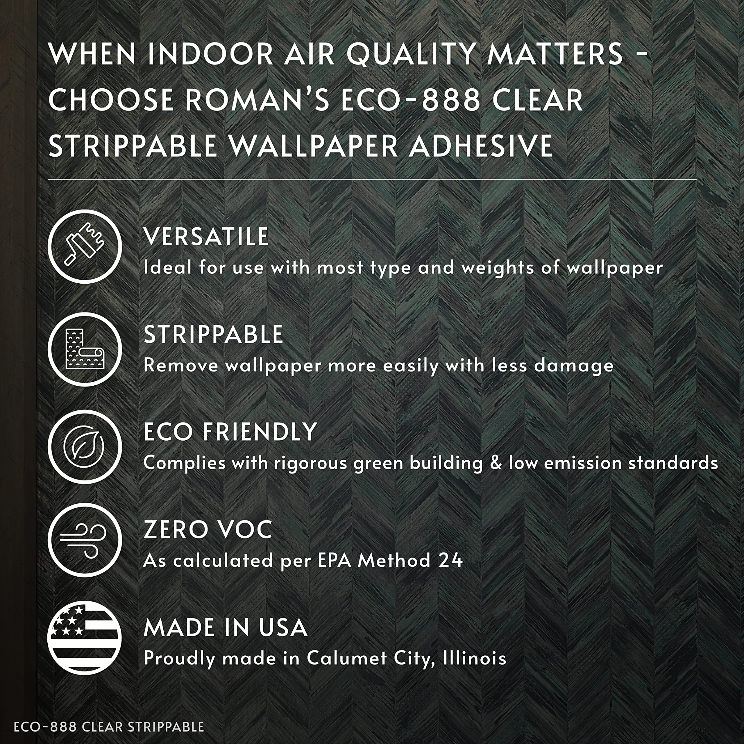 Roman ECO-888 zero-voc-certification highlights low-emission standards for indoor spaces.