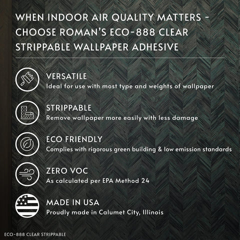 Roman ECO-888 zero-voc-certification highlights low-emission standards for indoor spaces.