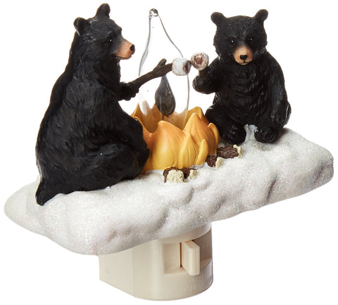 Roman Lights exclusive night light with bears roasting marshmallows around a flickering campfire for cozy ambiance.