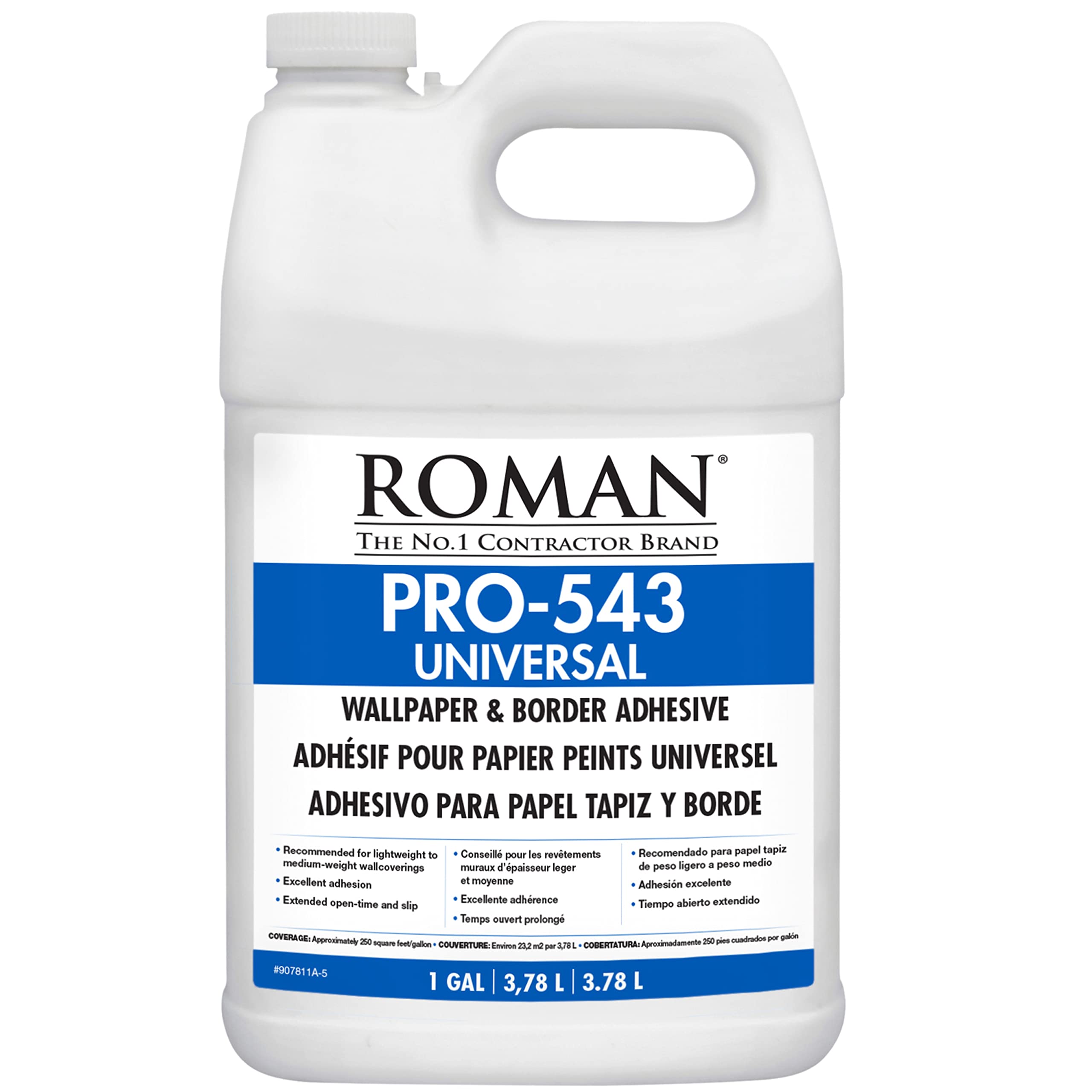 ROMAN PRO-543 adhesive bottle close-up, universal wallpaper bonding for borders