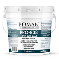 ROMAN PRO-838 heavy-duty clear adhesive bottle for strong wallcoverings with clear-drying formula.