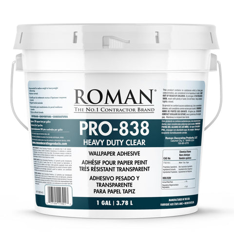 ROMAN PRO-838 heavy-duty clear adhesive bottle for strong wallcoverings with clear-drying formula.
