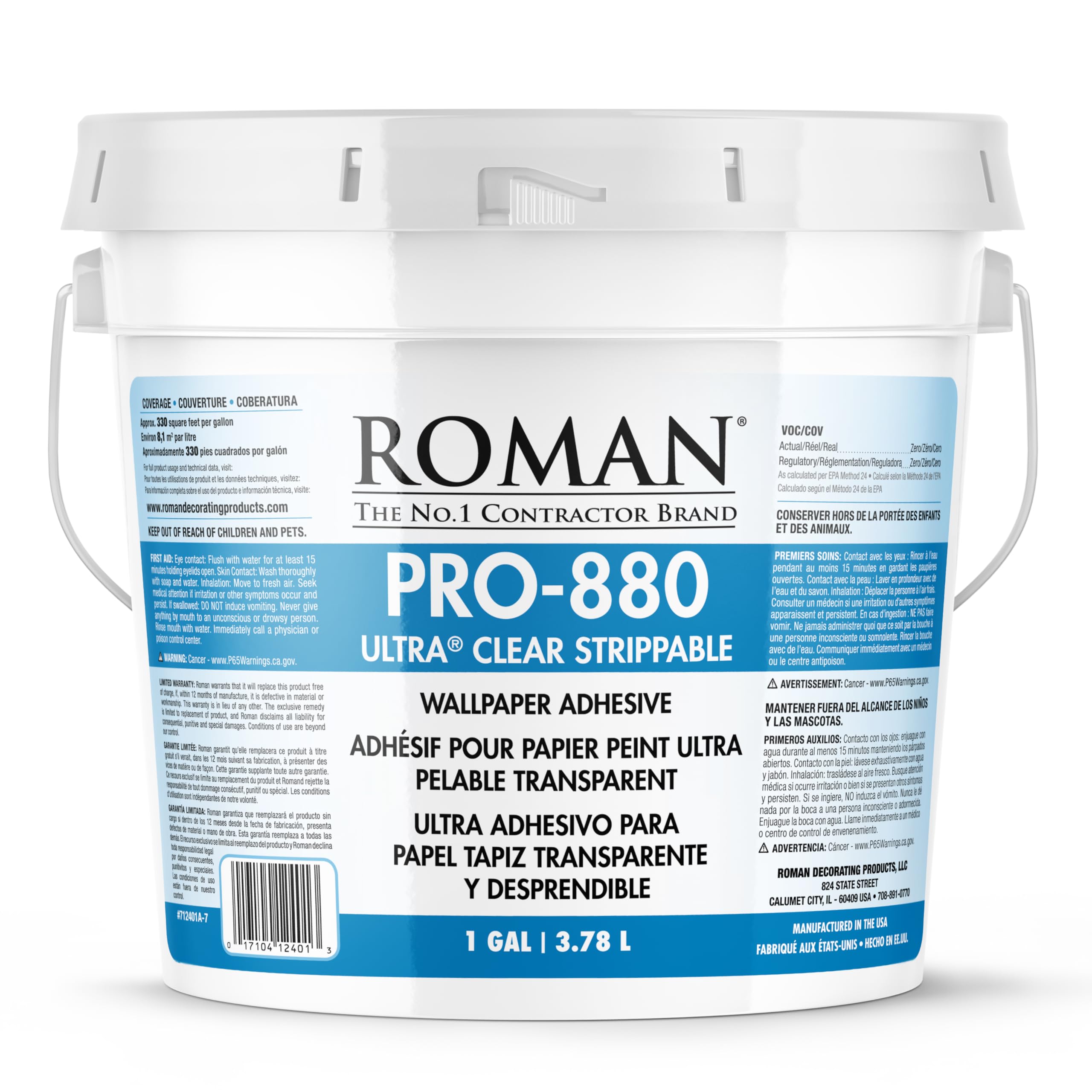 Roman PRO-880 Ultra Clear adhesive bottle for a clean wallcovering bond.