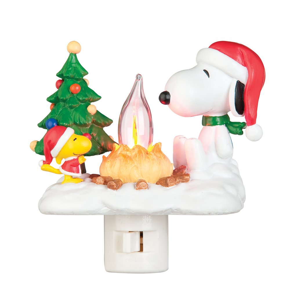 Roman Snoopy Camp Fire swivel plug night light with flickering flame for a cozy glow.