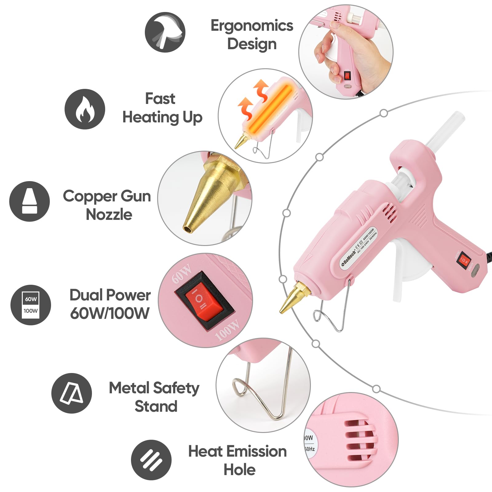 ROMECH hot glue gun copper nozzle for smooth, even glue flow.