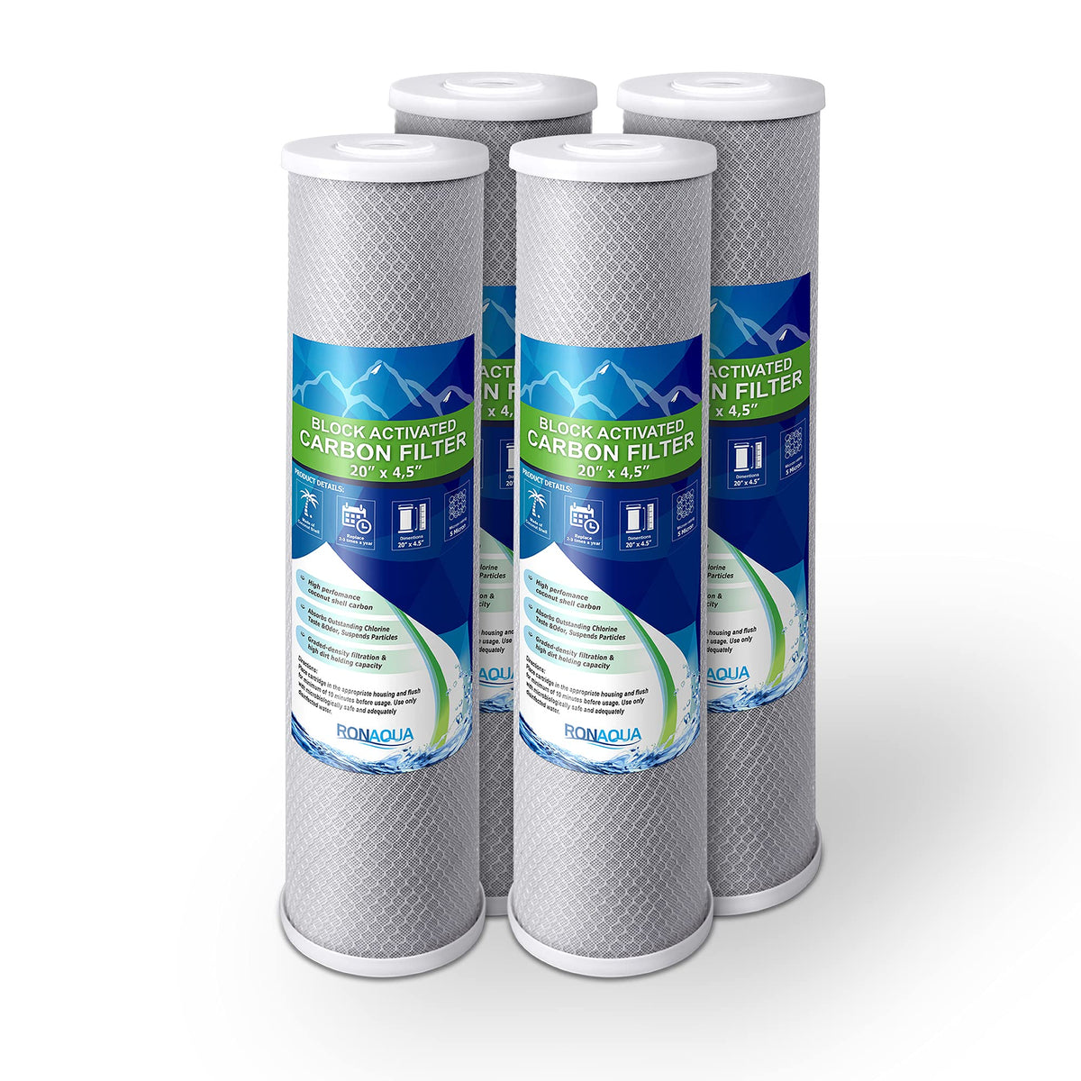 Ronaqua high-capacity filter 5-micron cartridge ready for 20x4.5 inch whole-house filtration.