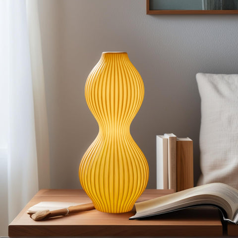 RONDURE living room console with lamp lit for ambience.
