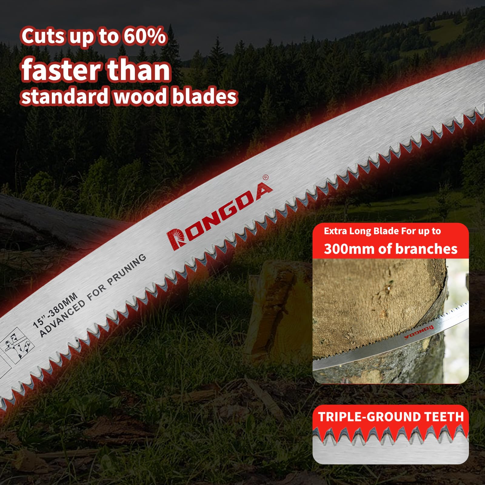 RONGDA high-carbon steel blades offer durability for tough pruning tasks.