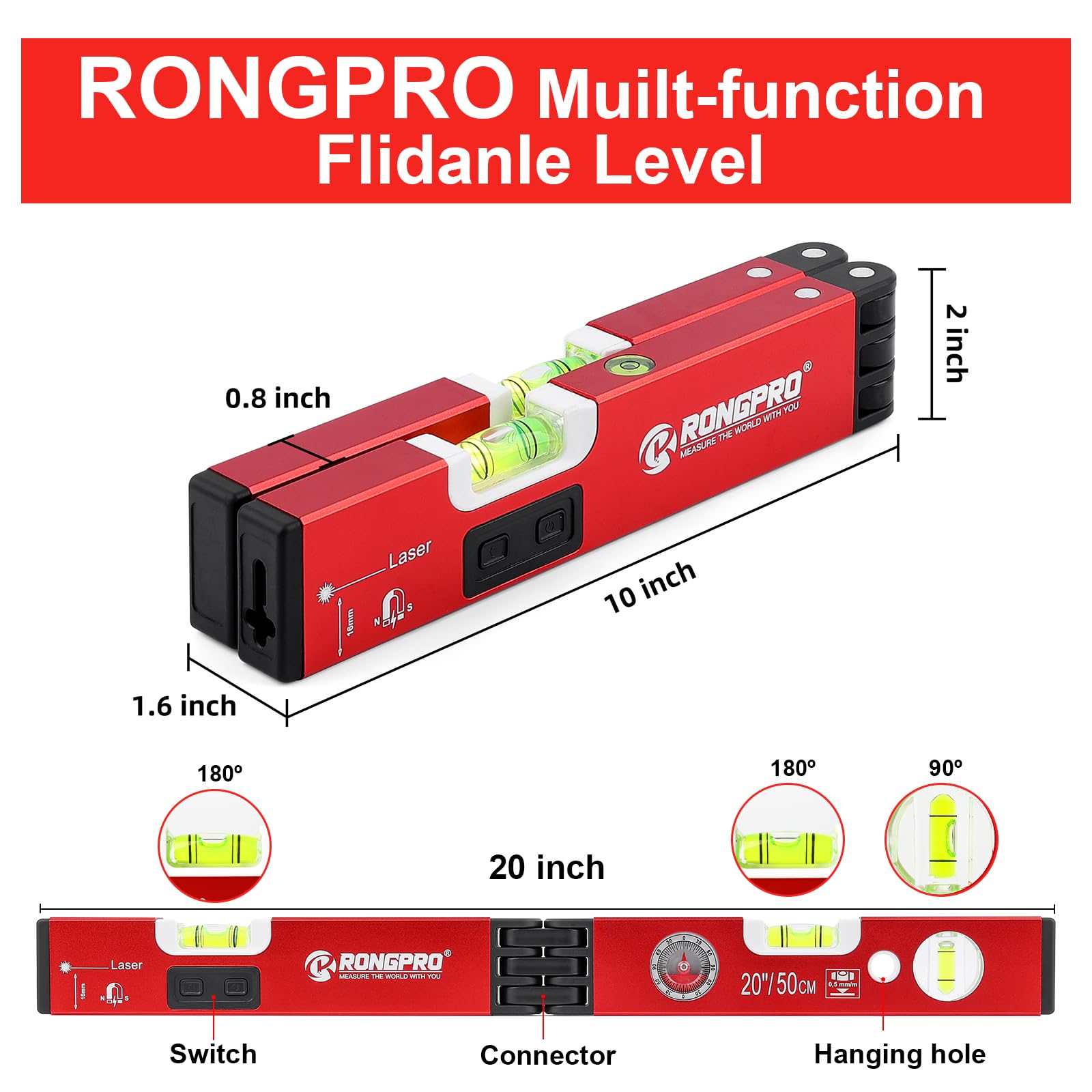 RONGPRO 20-Inch Foldable Level folded-rectangle for easy storage and portability