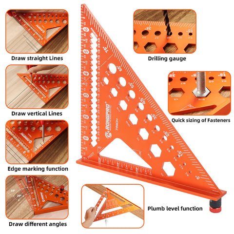 Rongpro multi-function carpenter square serves as saw guide, protractor, and miter square.