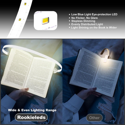 ROOKIELEDS 12-LED eye-care reading light evenly illuminates the pages.