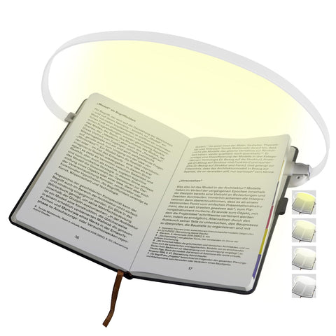 ROOKIELEDS clip-on book light attached to a page for hands-free reading.