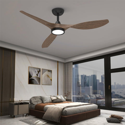 Roomratv 52-inch ceiling fan with lights in black wood grain for living room ambiance.