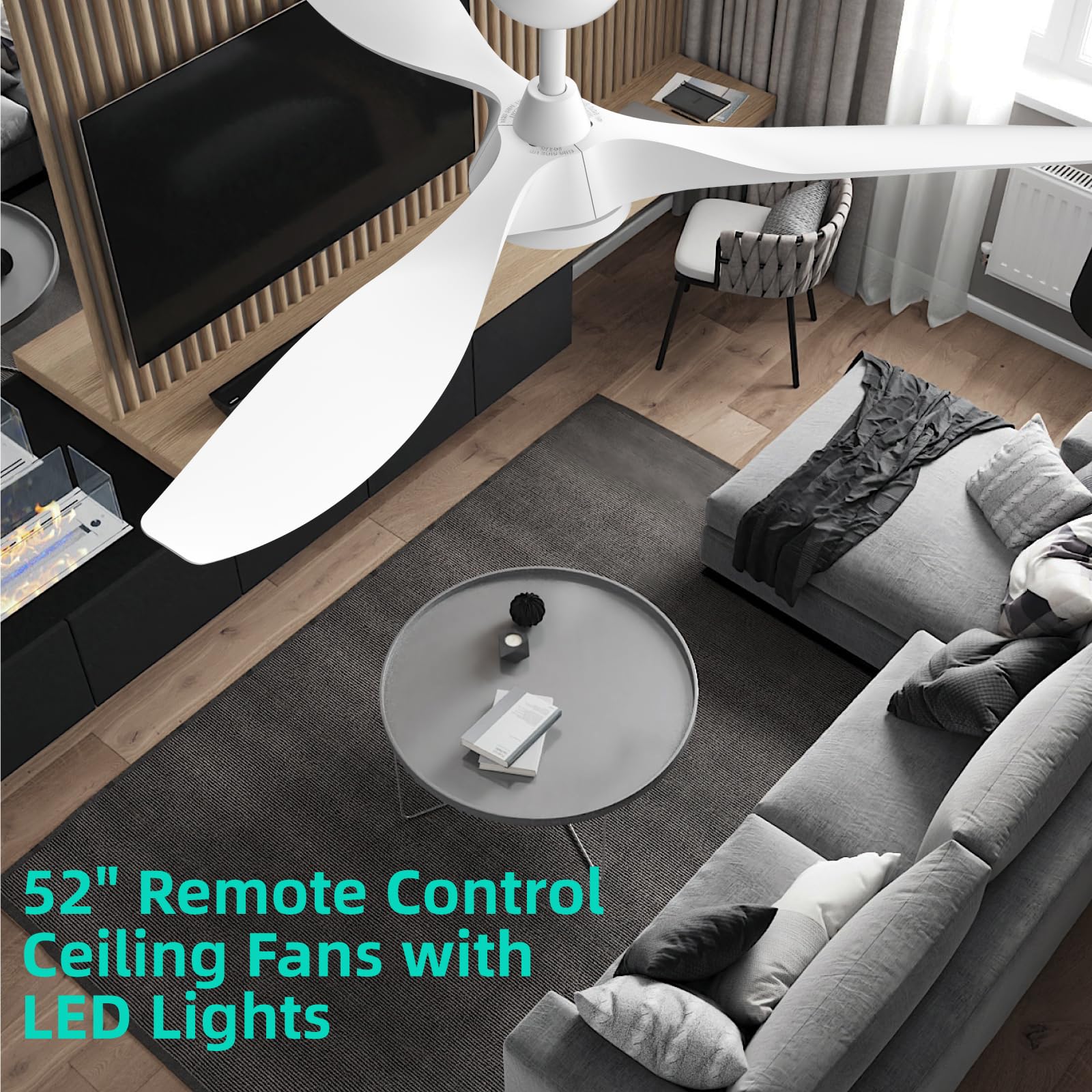 Roomratv 52 inch ceiling fan in a bright living room setup.