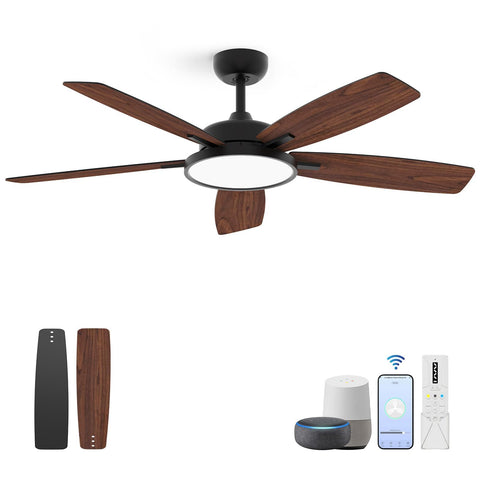Roomratv 52-inch smart ceiling fan with light in black, whisper-quiet comfort.
