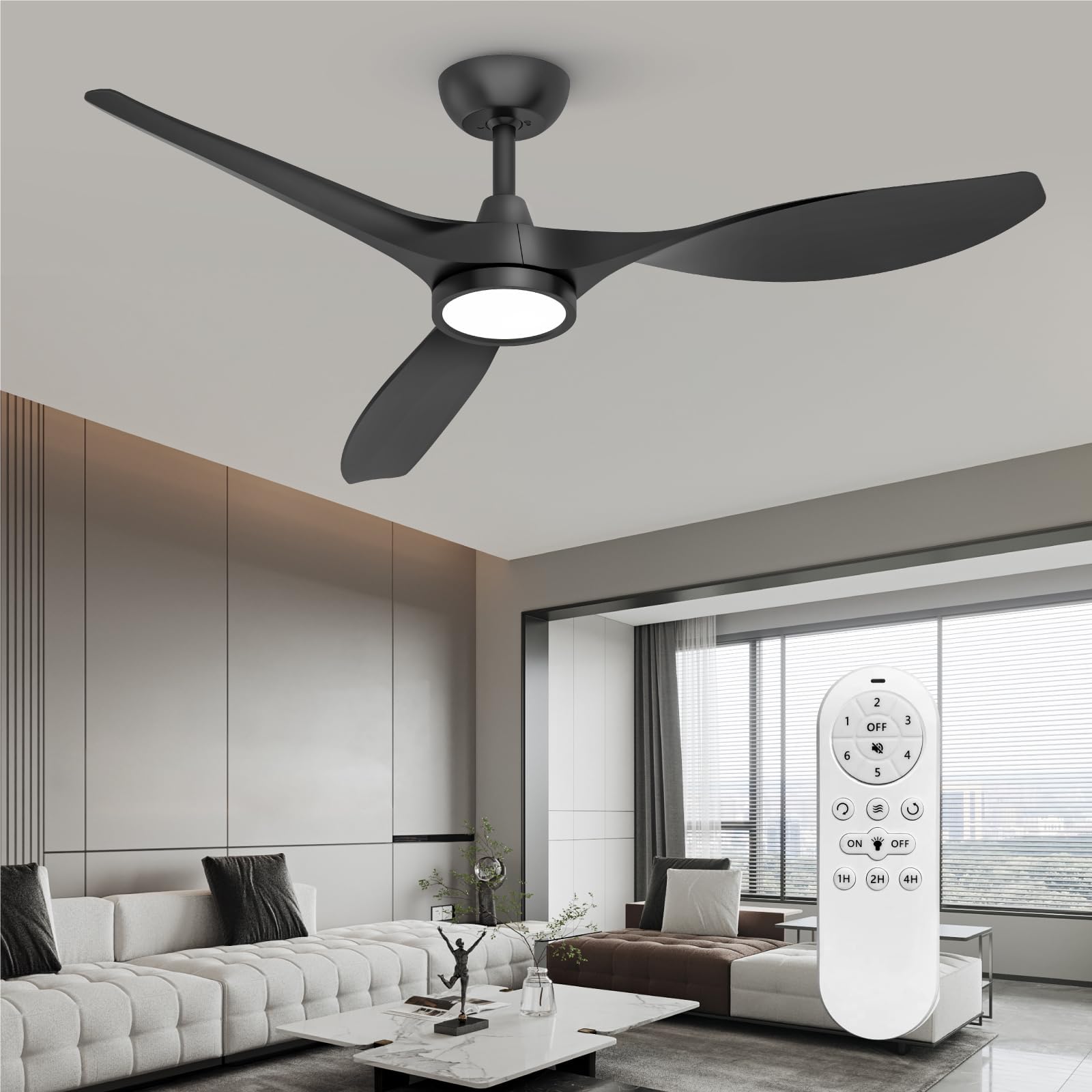 Roomratv 52-inch black ceiling fan with ABS blades for stable airflow.