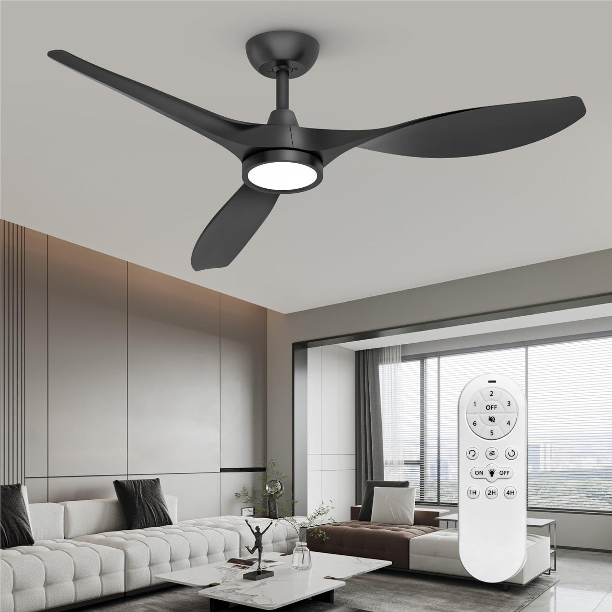 Roomratv 52-inch black ceiling fan with ABS blades for stable airflow.