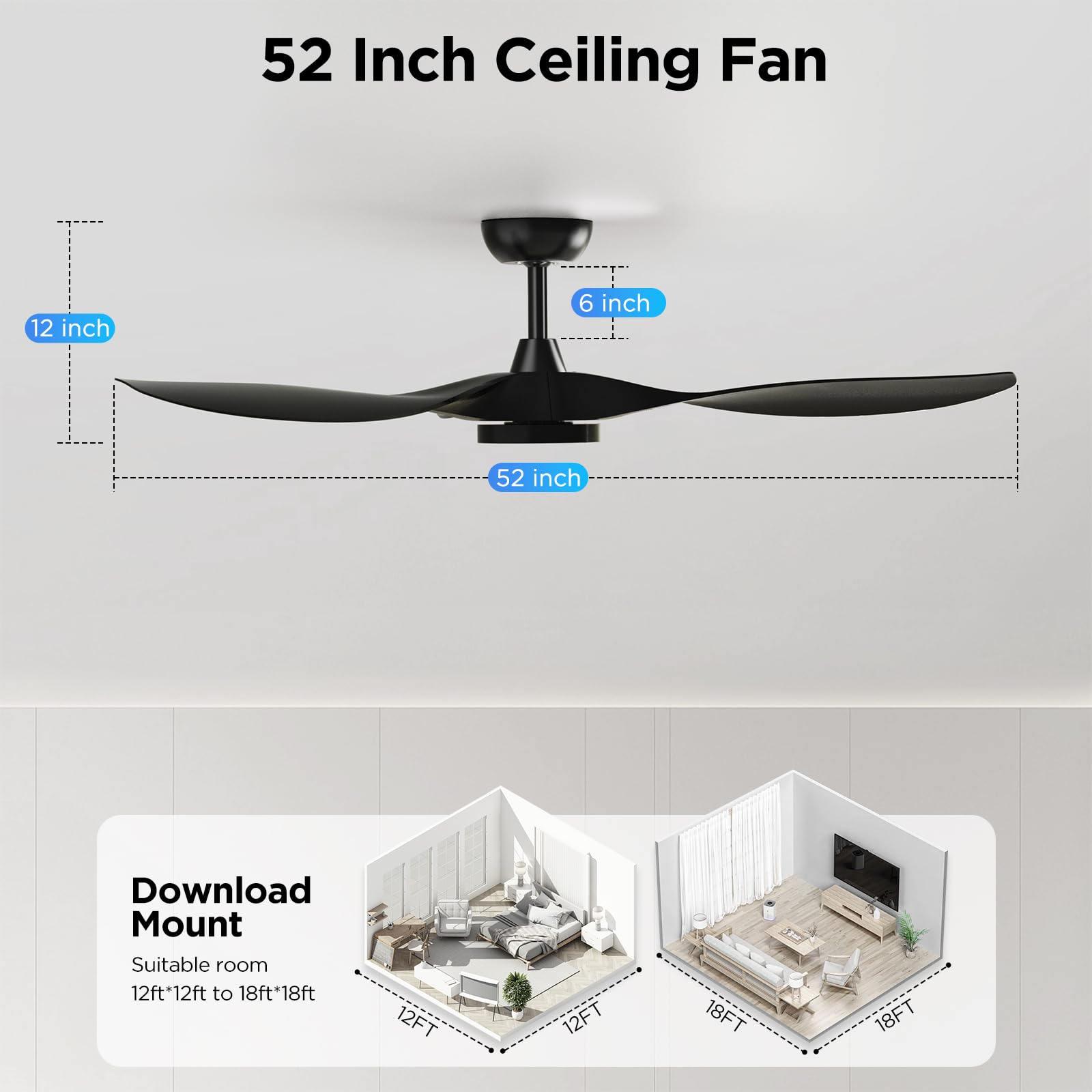 Roomratv whisper-quiet ceiling fan operates at 35 decibels.
