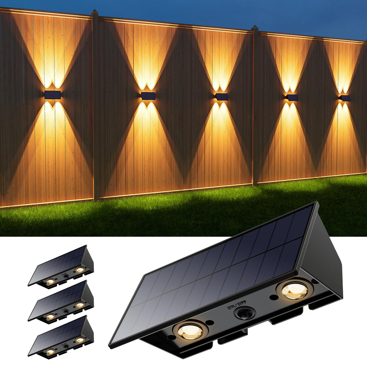 Roopure four-pack solar wall lights illuminate outdoor spaces with balanced up-down lighting.