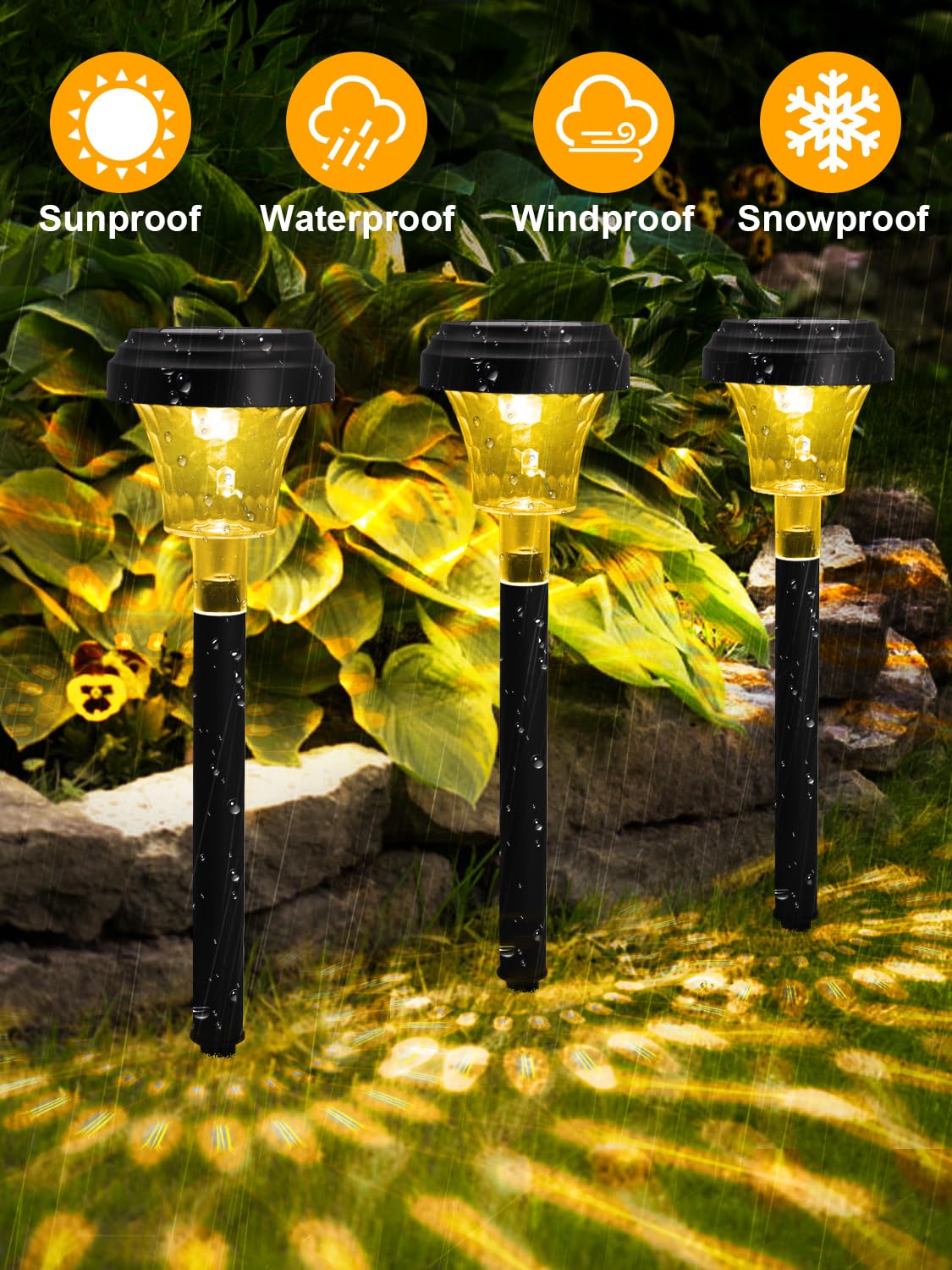 ROOR solar pathway light warm white showing cozy, inviting yard lighting.