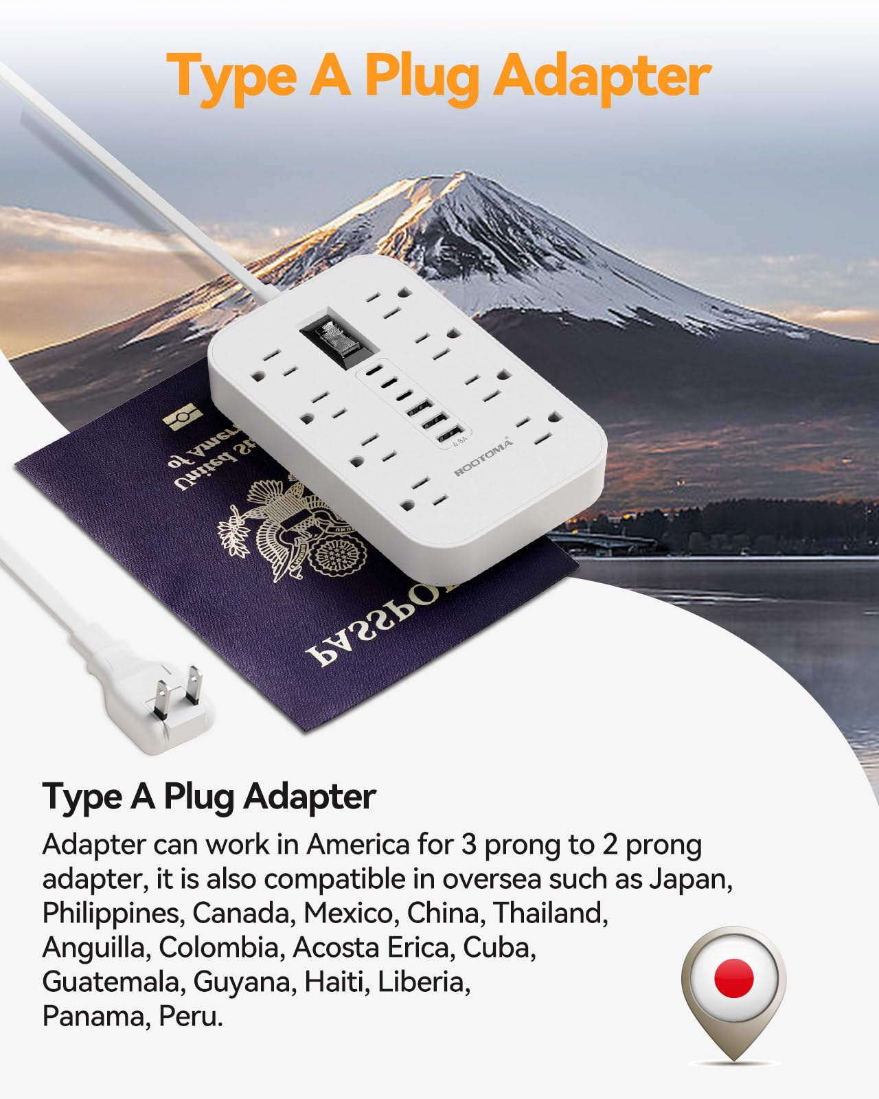 ROOTOMA USB ports visible ideal for charging phones and tablets on the go