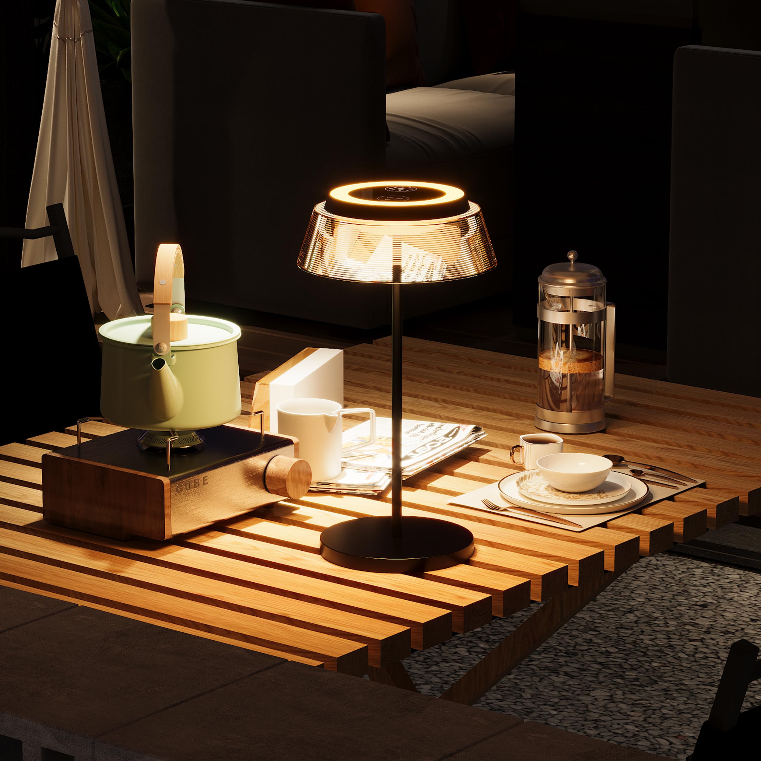ROOTRO touch-control lamp showing three color options for warm to cool ambiance.